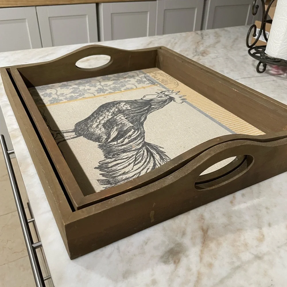 Rustic Wooden Rooster Serving Tray Set - Brown
